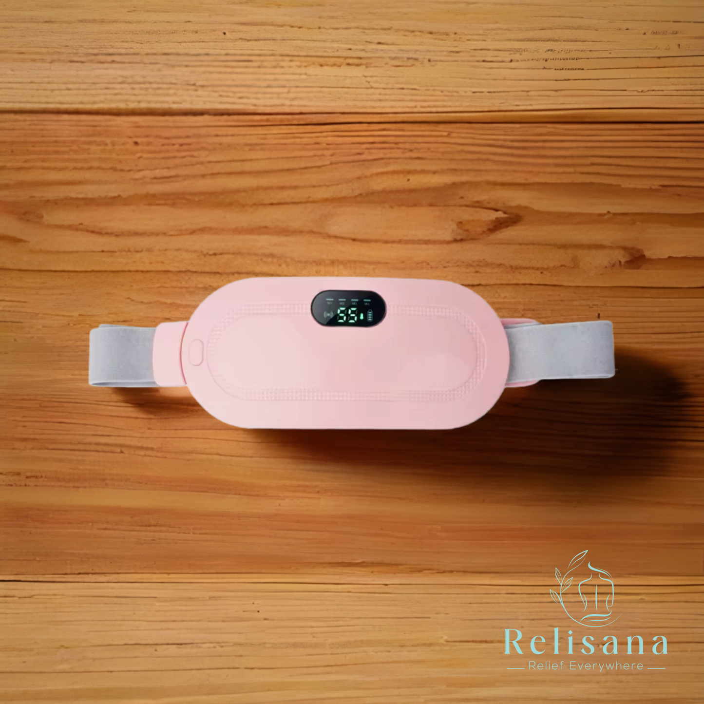 Relisana cordless heating pad in a soft fabric, designed for soothing heat therapy on sore muscles.
