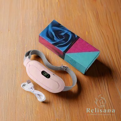 Cordless Relisana heating pad in a cozy setting, showcasing its soft fabric and ergonomic design for targeted warmth.