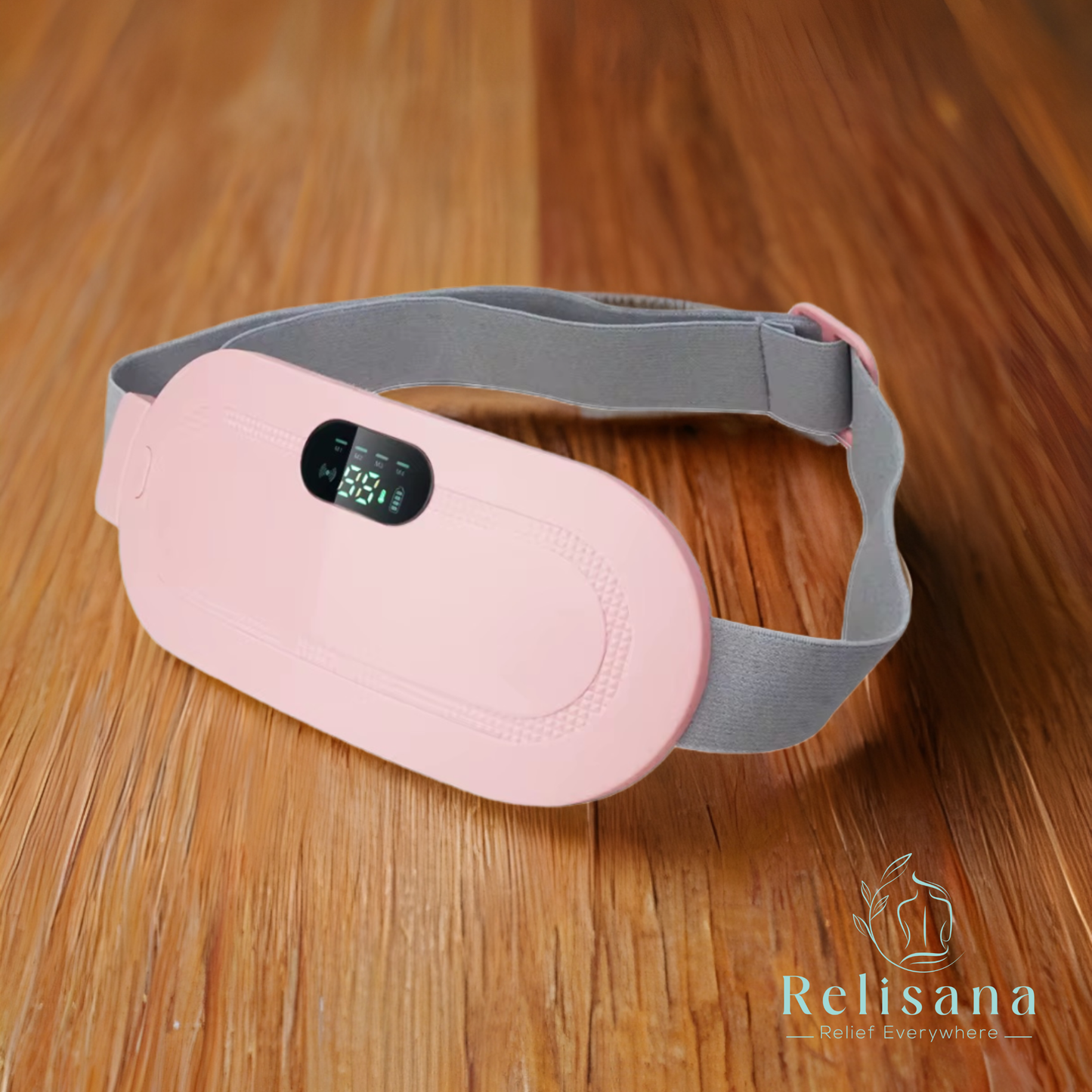 Relisana cordless heating pad in a soft fabric, showing adjustable heat settings and ergonomic design for comfort.