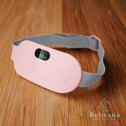 Relisana cordless heating pad in a soft fabric, showing adjustable heat settings and ergonomic design for comfort.